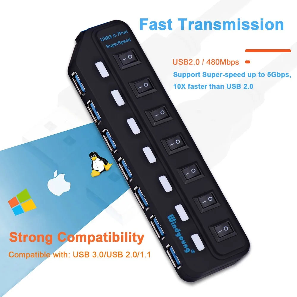 USB 3.0 HUB Multi USB Splitter 4/7 Port Expander High Speed USB 3.0 Hab with Power Adapter USB 3.0 Hub with Switch for Laptop PC