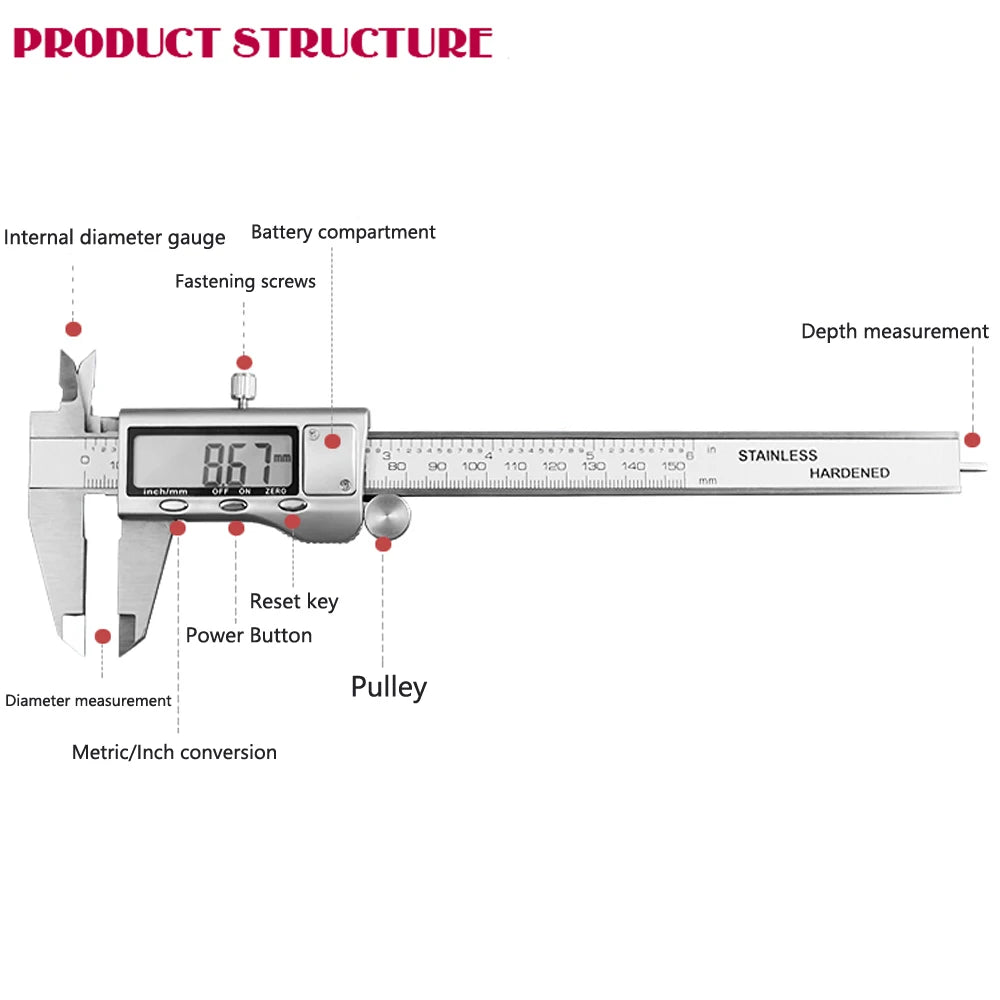 4/6-Inch 100/150mm Big Screen Digital Calipers Stainless Steel Electronic Vernier Caliper Metal Micrometer Measuring Tools