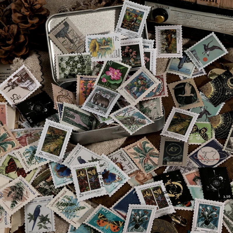 Yoofun 46pcs/pack Vintage Stickers Postage Stamp Sticker Retro Museum Flower Plants Castle Label for Scrapbooking Journal DIY