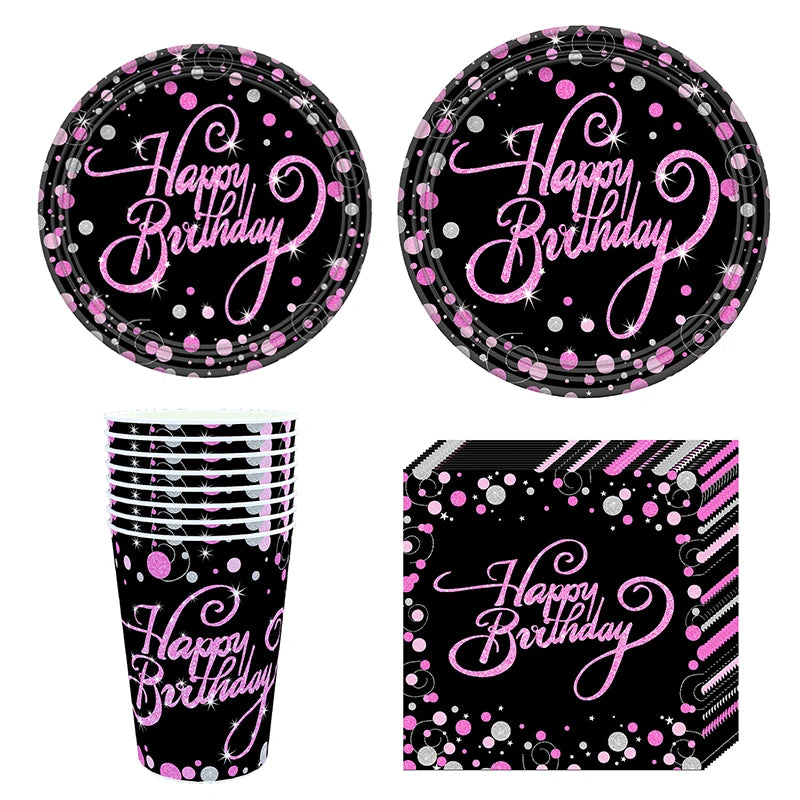 Gold Black Party Happy Birthday Banner Disposable Tableware Pink Paper Cups Plate Napkins For Kids Birthday Party Decor Supplies