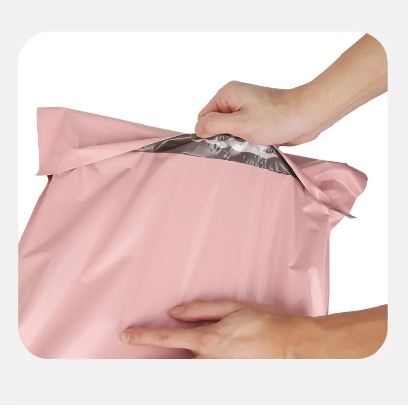 100x Custom LOGO Poly Mailing Bag Pink Mailers Envelopes Plastic Postal Bag Shipping Packages with Handle for Clothing Packaging