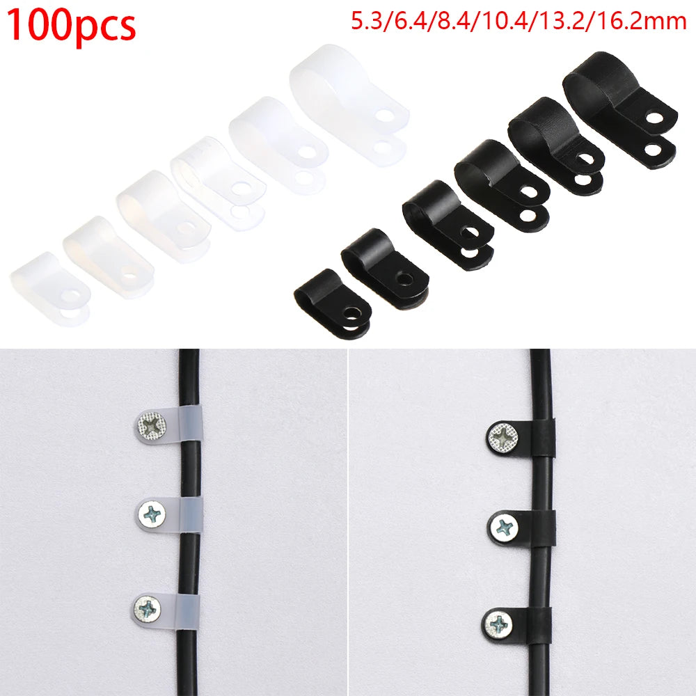 100PCS R-Type Nylon Cable Clamp Plastic P Clips Black Nylon Fasteners Cable Mounting Fix Hardware Electrical Fittings
