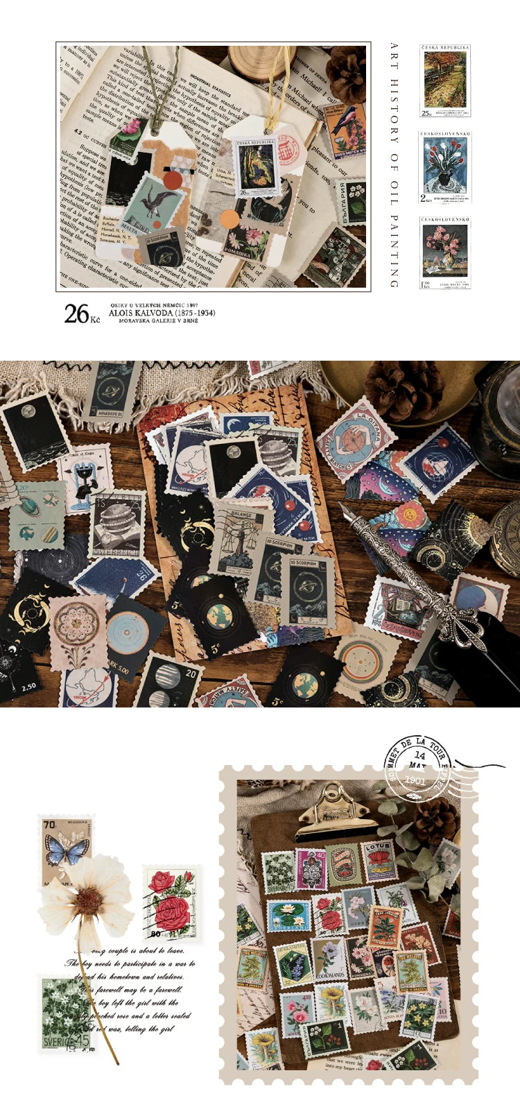 Yoofun 46pcs/pack Vintage Stickers Postage Stamp Sticker Retro Museum Flower Plants Castle Label for Scrapbooking Journal DIY
