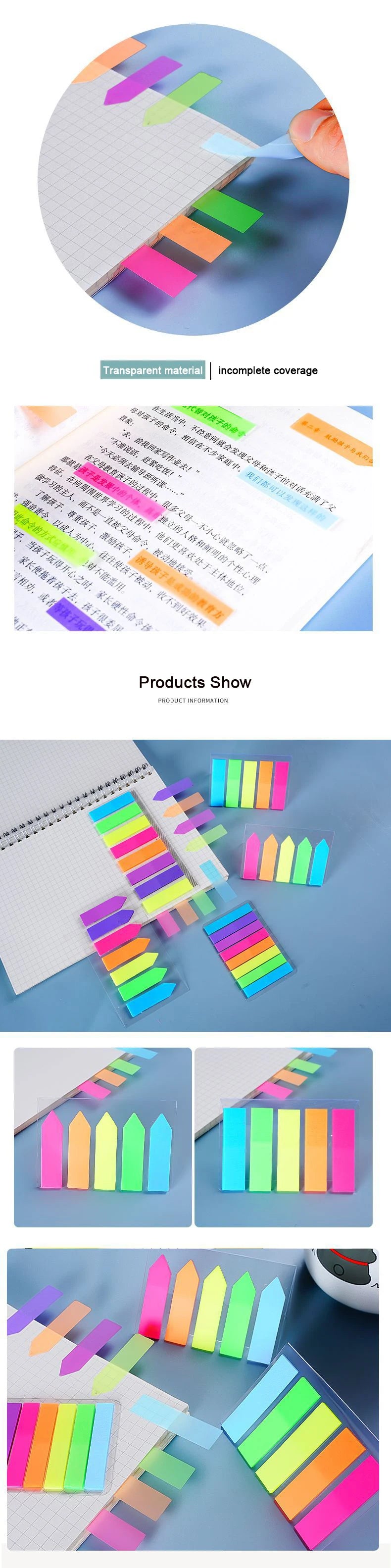 Color Fluorescence Sticky Notes Set Memo Pad Bookmarks Banners Transparent Sticky Notes School Office Stationery
