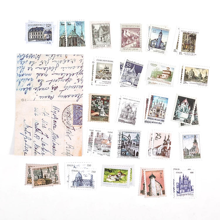 Yoofun 46pcs/pack Vintage Stickers Postage Stamp Sticker Retro Museum Flower Plants Castle Label for Scrapbooking Journal DIY