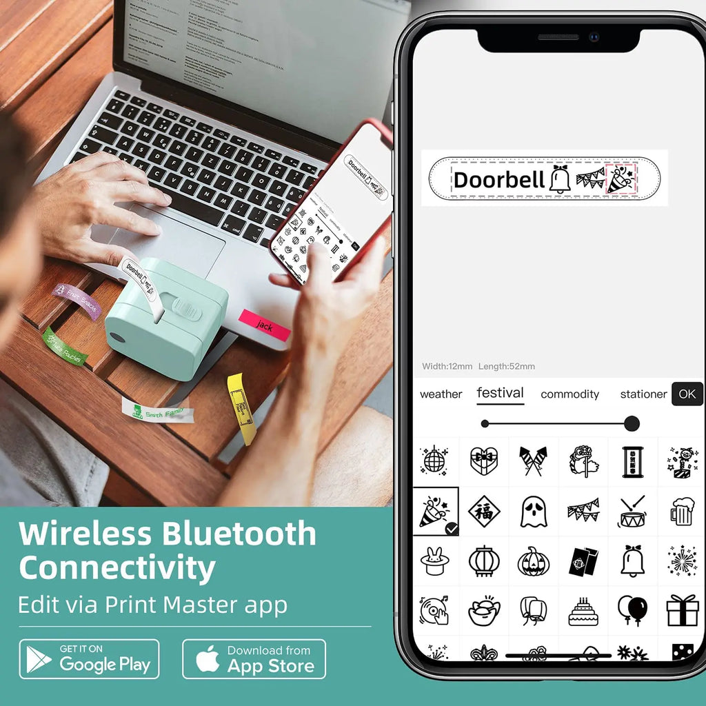 Phomemo P12 Label Maker with Tape Mini Label Printer Machine for Stain Ribbon Portable Bluetooth Label Printer Best Gift