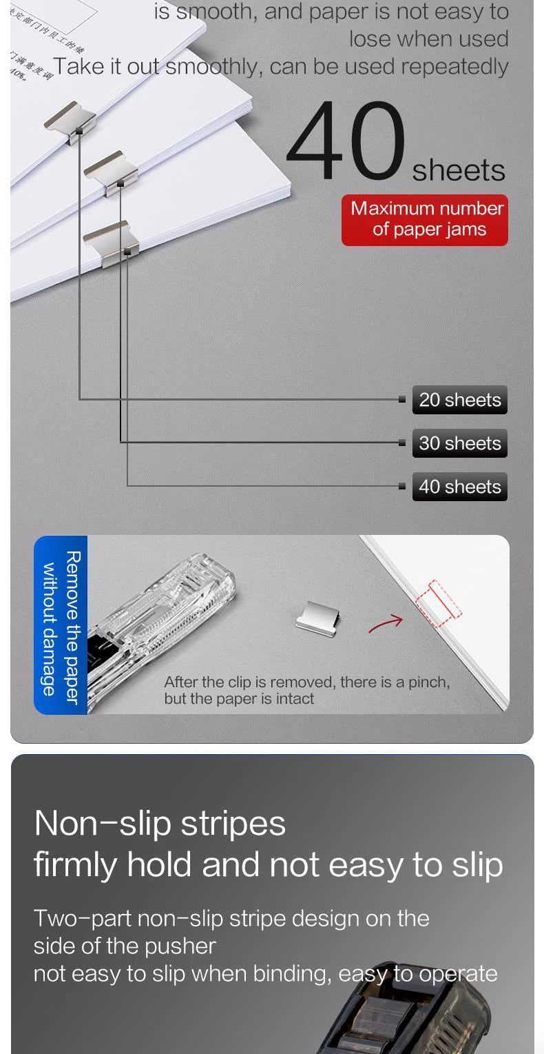 KHINSUN Paper Clipper Staplers Push Clamp File Documents Binding Tool Stapling Machine Paper Clips With Refills Office Supplies