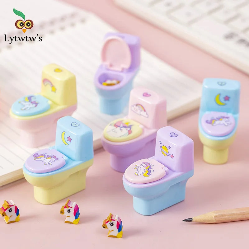 1 Piece Lytwtw's Stationery Pencil Sharpener Creative Toilet Shape Cartoon Unicorn School Supplies Gift Accessories with Eraser