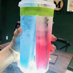 10Pcs 700ml Disposable Plastic Cups with Lids Double Grid Thicken Cup Couple Sharing Drinking Cup for Bubble Tea Boba Smoothie
