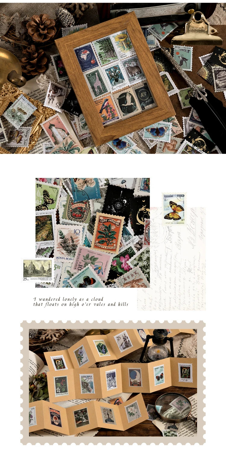 Yoofun 46pcs/pack Vintage Stickers Postage Stamp Sticker Retro Museum Flower Plants Castle Label for Scrapbooking Journal DIY
