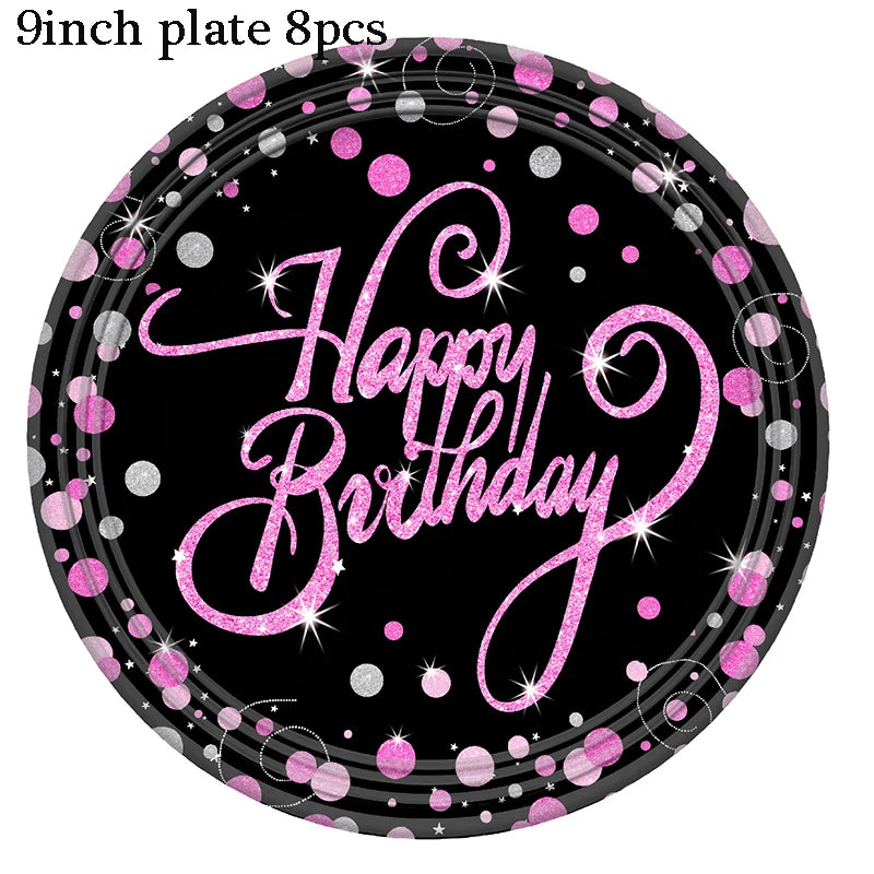 Gold Black Party Happy Birthday Banner Disposable Tableware Pink Paper Cups Plate Napkins For Kids Birthday Party Decor Supplies