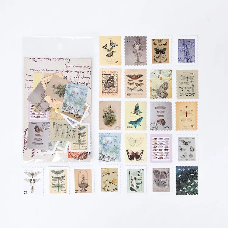 Yoofun 46pcs/pack Vintage Stickers Postage Stamp Sticker Retro Museum Flower Plants Castle Label for Scrapbooking Journal DIY