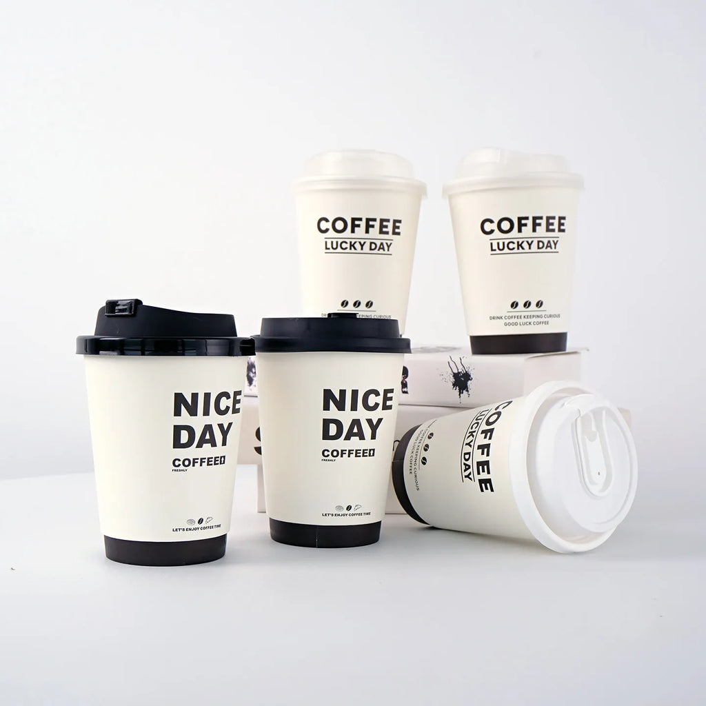 50pcs Thick Double-layer Coffee Paper Cup Disposable 90mm Caliber Hot Drink Leak Proof with Lid Shop Takeaway Paper Cups