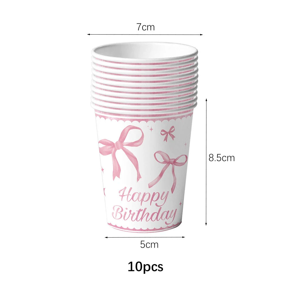Pink bow Birthday Disposable Tableware Set Paper Plates Cups Napkins Girls Party Decoration Supplies