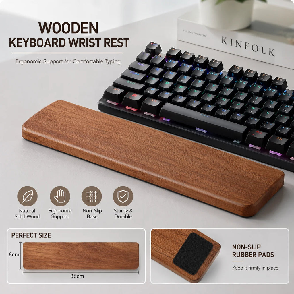 Solid Wood Keyboard Wrist Rest for 87 Key Mechanical Keyboard, Ergonomic Wooden Palm Rest with Non Slip Base