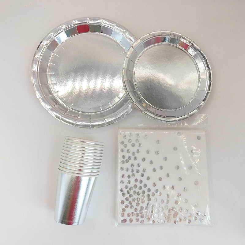 Silver Paper Plates Banner Tablecloth Birthday Party Decor Disposable Tableware Set Baby Shower Wedding Bachelor Party Supplies