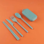 4Pcs Wheat Straw Cutlery Knife Spoon Fork Chopsticks Portable Set Plastic Detachable Dinnerware Purple Flower Letter Pattern