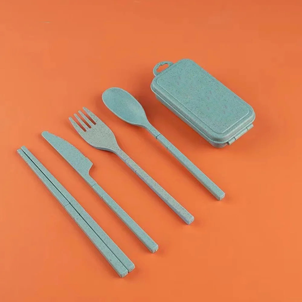 4Pcs Wheat Straw Cutlery Knife Spoon Fork Chopsticks Portable Set Plastic Detachable Dinnerware Purple Flower Letter Pattern