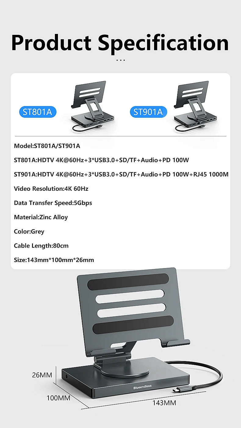 Blueendless Ipad Stand USB C Hub 4K 60HZ HD Type-C 100W PD SD/TF Slot Reader USB 3.0 5Gbps 9 In 1 Type-C Hub Ipad Holder