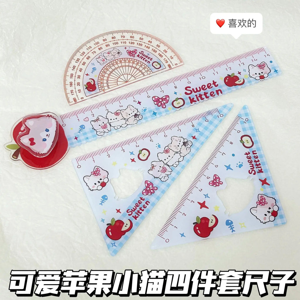Cartoon 4pcs Ruler Set, Acrylic Straight Ruler Triangle Ruler Protractor, Cute Stationery Measuring Tools for Students