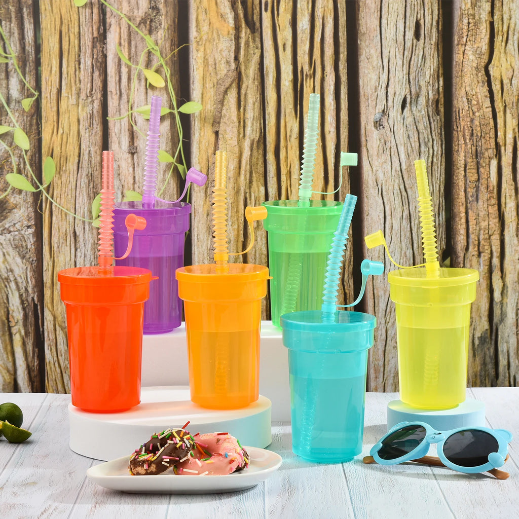Neon Sipper Cups - Colorful, Spill-Proof Cups with Lids and Straws - Ideal for School Events, Themed Parties, and Birthday Party