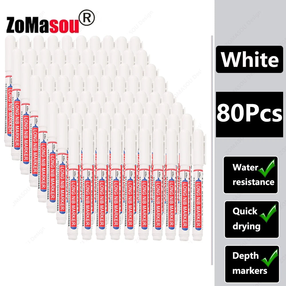 1-90Pcs Waterproof White Long Head Markers Pen 2cm Woodworking Deep Hole Marker Pens Metal Carpenter Black/Red/Blue/Green Ink