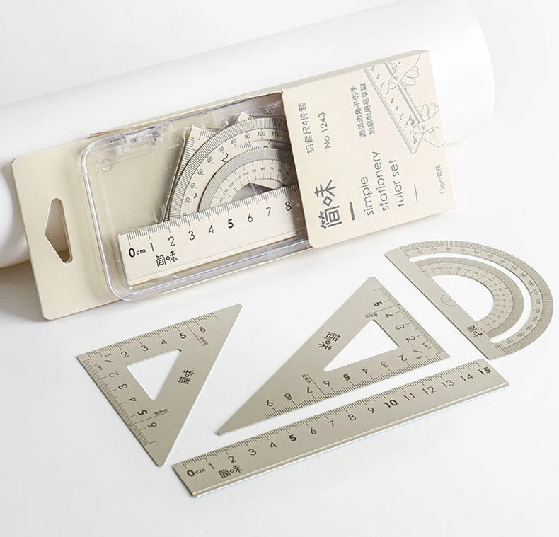 4pcs Aluminum Ruler Set,Drafting Set,With Storage Box Straight Ruler,Protractor,Students Measure Ruler Set Multi-Function Set