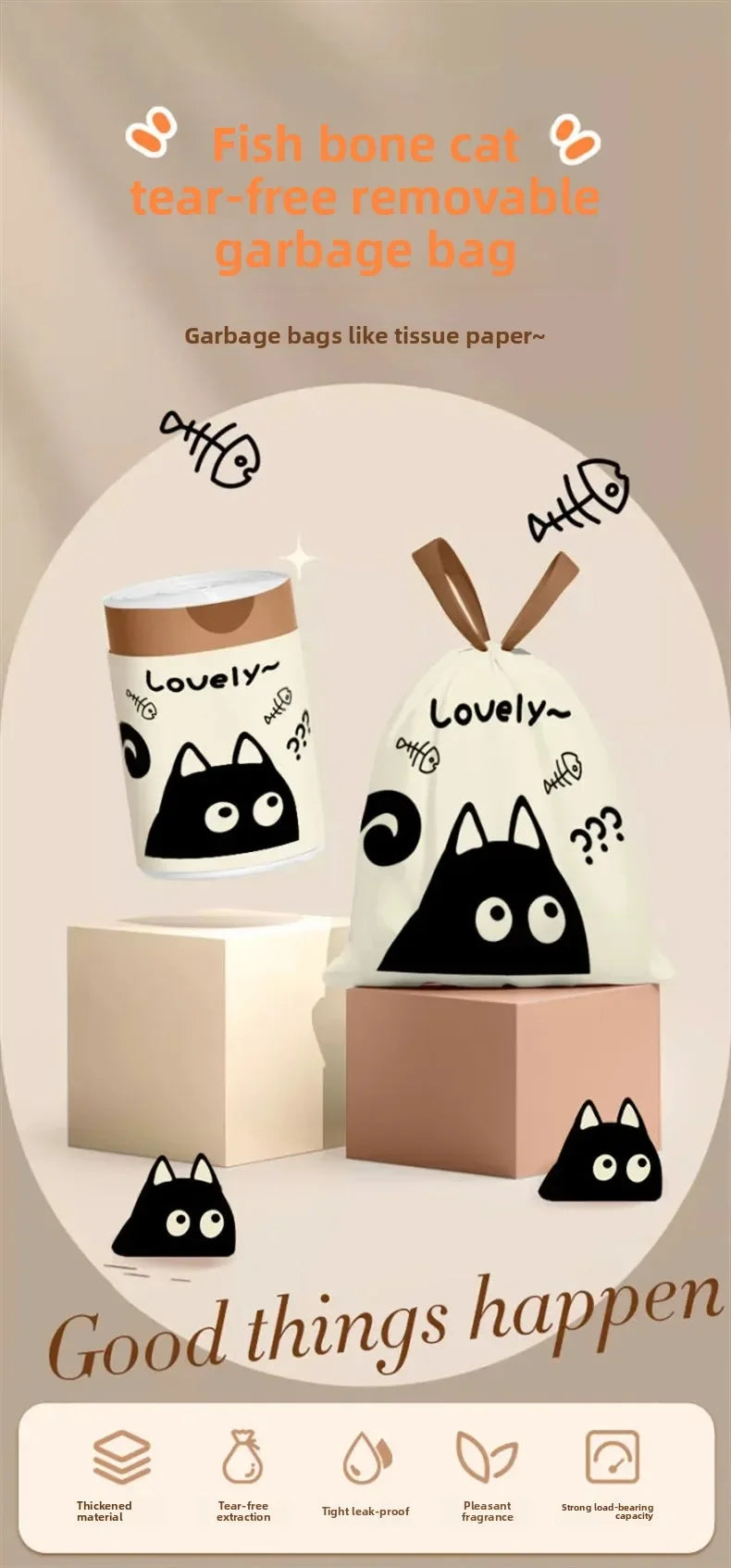 100PCS Thickened Trash Bags with Cute Cartoon Design Sturdy Tear-Resistant Garbage Liners Great for Kitchen Bathroom Office