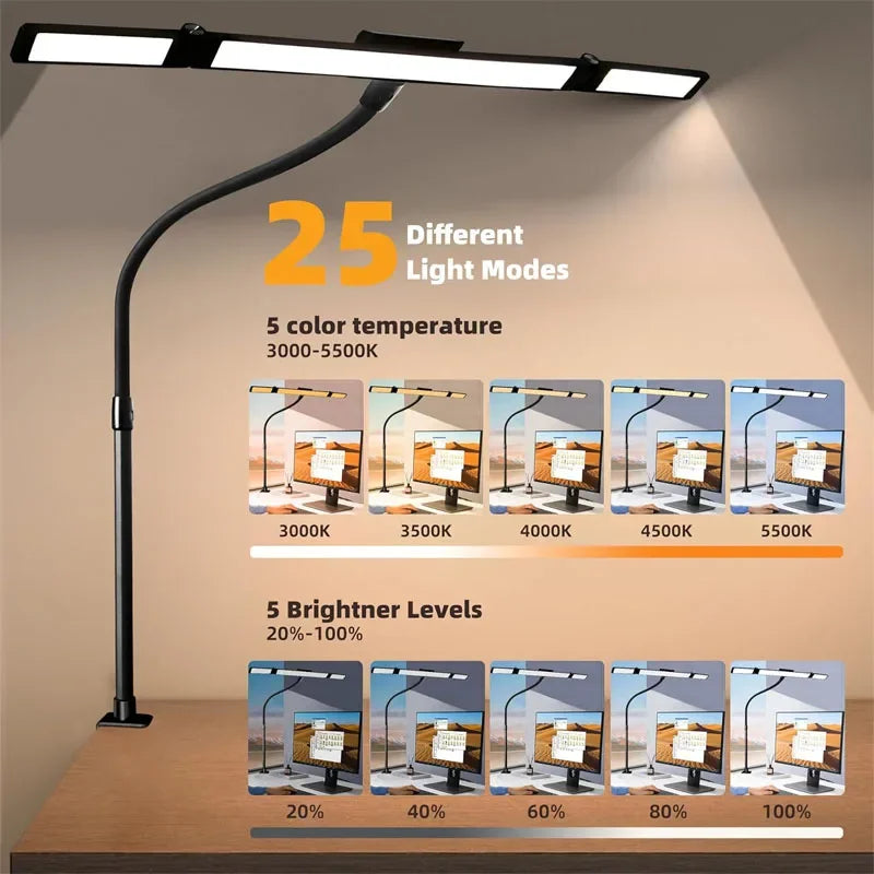 LED Desk Lamp Eye-Caring Desk Light with Stepless Dimming Adjustable Flexible Gooseneck with Clamp for Reading Study Workbench