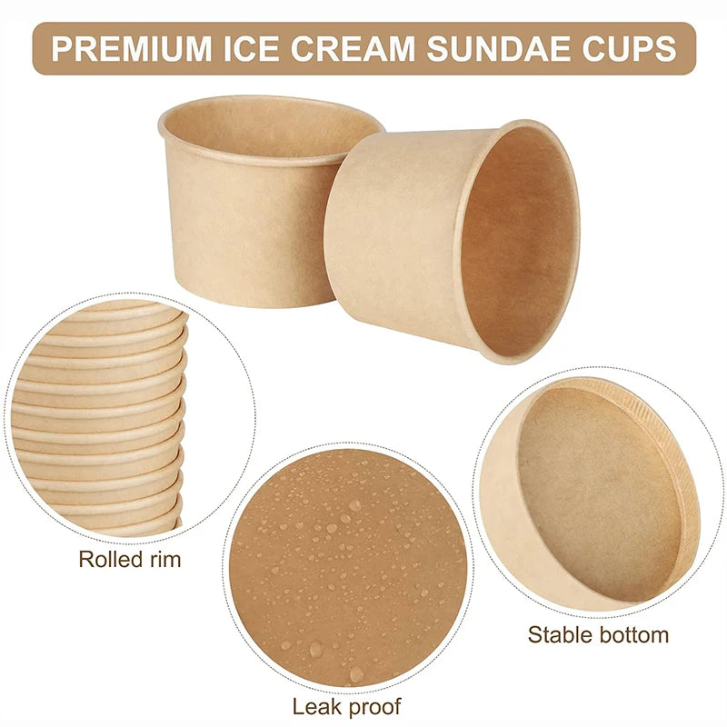50Pcs Paper Ice Cream Cups, 8Oz Disposable Bowls for Hot Cold Food, Party Containers for Dessert, Sundae, Frozen Yogurt, Soup