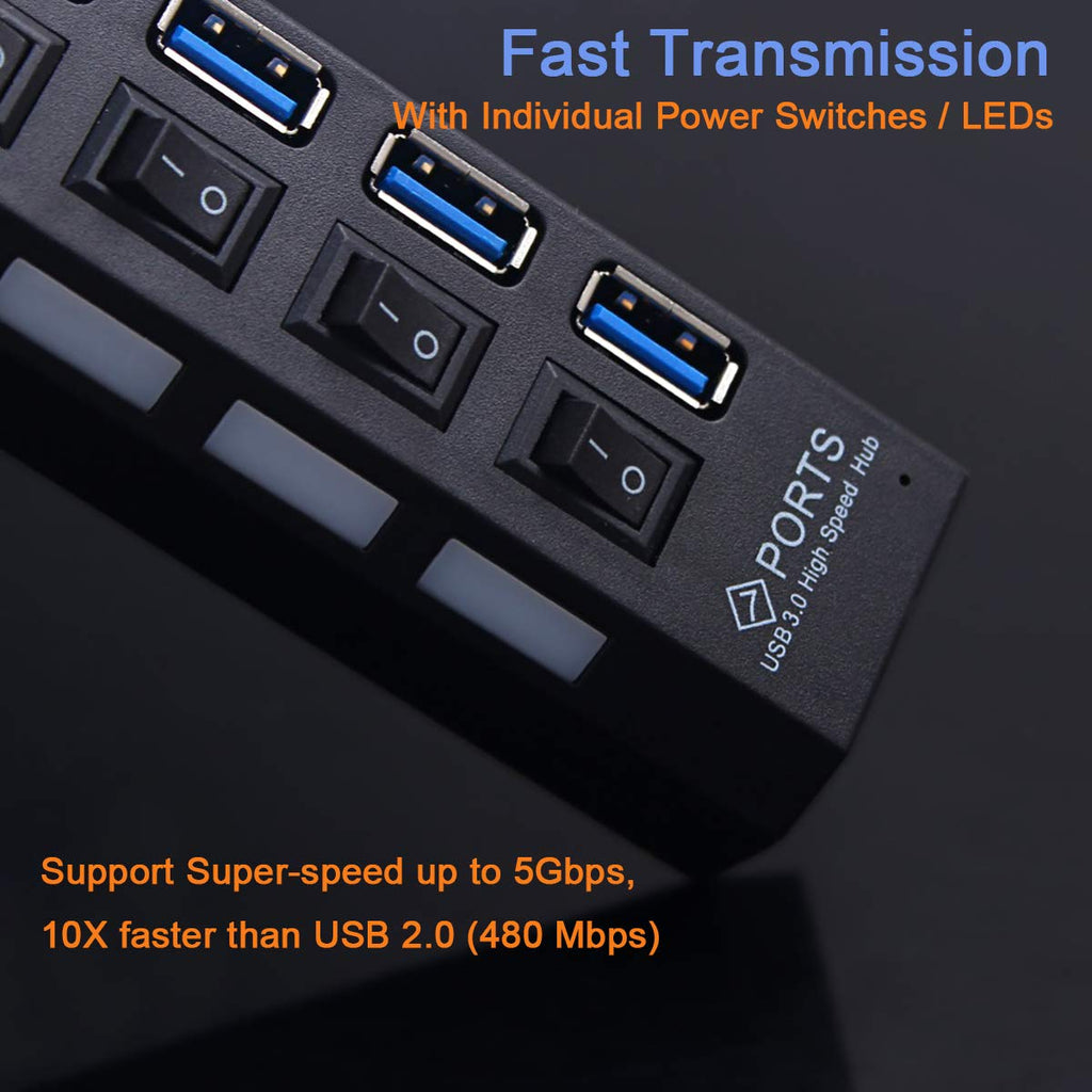 Multi Ports USB HUB 3.0 4/7 Ports Portable Super Speed 5Gbps Multiple USB Port Expander with Switches Power Adapter For PC