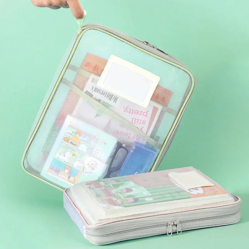 A4 Stationery Storage Bag Double-layer Mesh Zipper Bag Large Capacity Organizer Folders School Office Supplies Toy Storage
