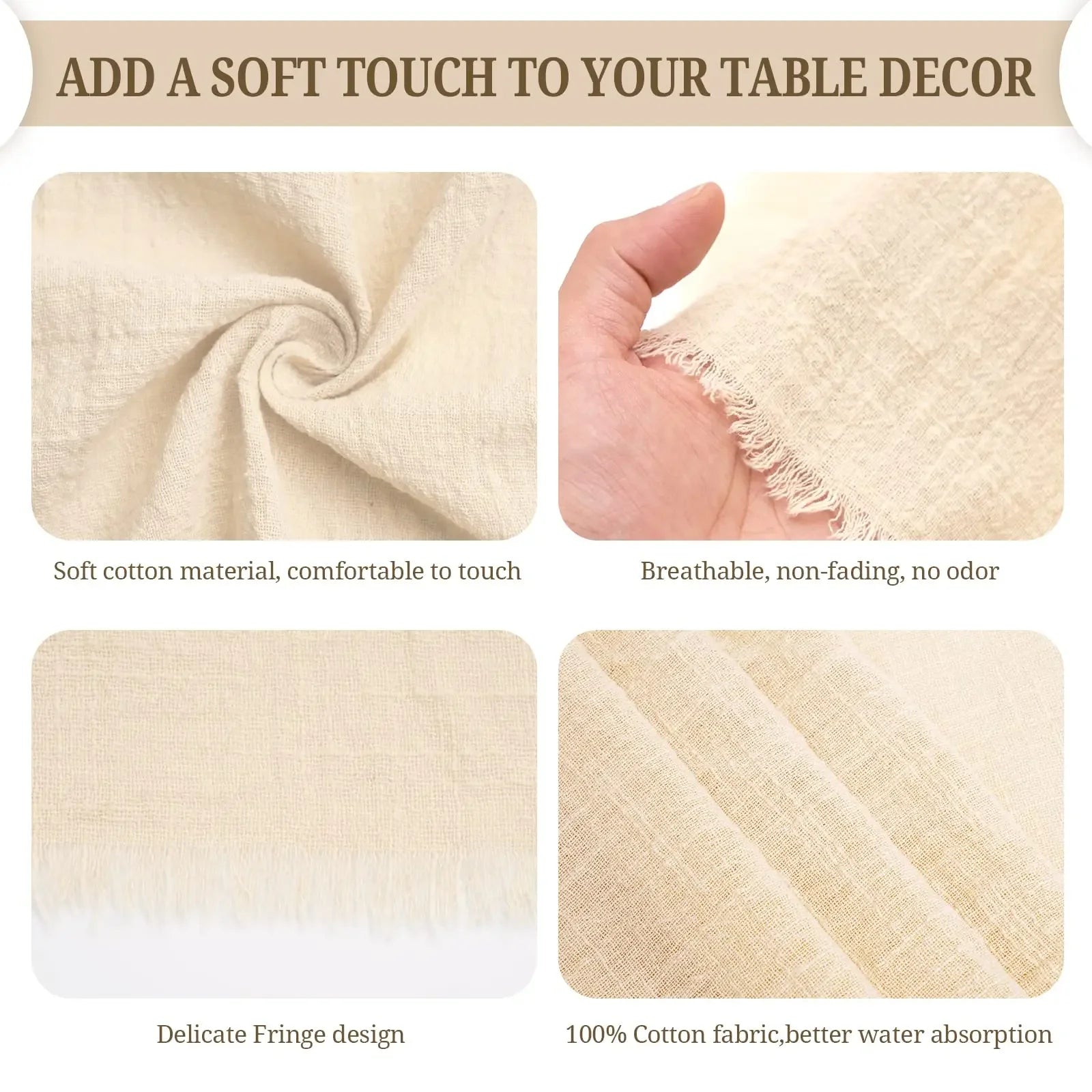 10Pcs 32x32cm Handmade Cloth Napkins with Fringe, Delicate Rustic Decorative Table Napkins for Wedding/Dinner/Party