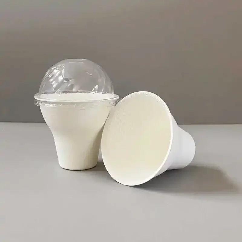 50pcs Disposable Biodegradable Paper Cup 300ml Ice Cream Tiramisu Handheld Cup with Lid White Eco-friendly Dessert Packaging Mug