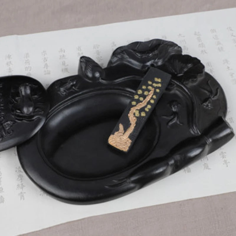 Carving Ink Stone Lotus Shaped Natural Calligraphy Rock Grinding Inkstone Plate Chinese Painting Calligraphie Strong Ink Inkslab