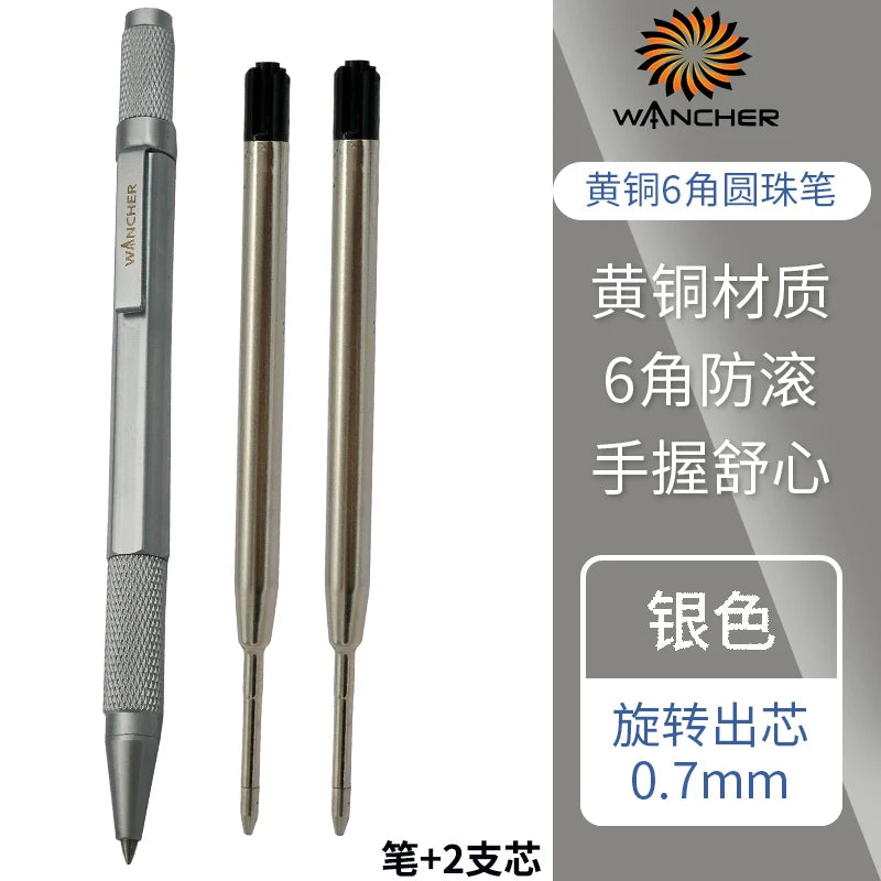 WANCHER Ballpoint Pen Original Hexagon Brass Metal Rotary Black 0.5mm Refill Replaceable W1558 Office School Stationery