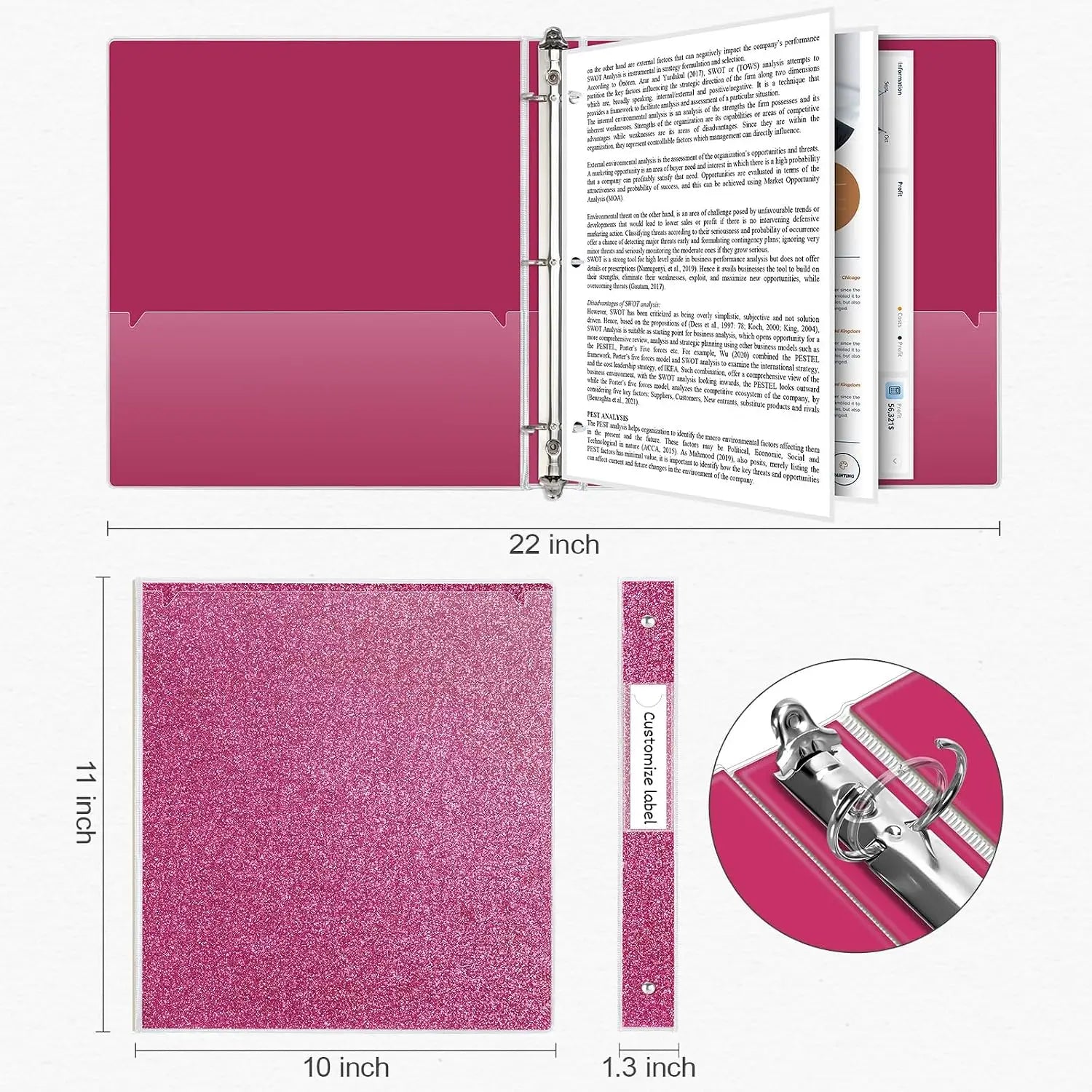 3 Ring Binder 1 Inch with 2 Pockets, Waterproof, Fashion View Binder for Office Supplies