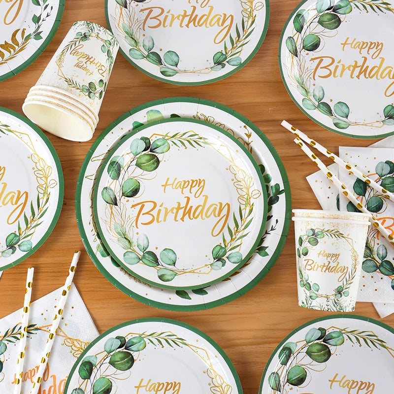 Green Eucalyptus Leaf Disposable Tableware Paper Plate Cup Napkin Banner Kids Adult Happy Birthday Birthday Party Decor Supplies