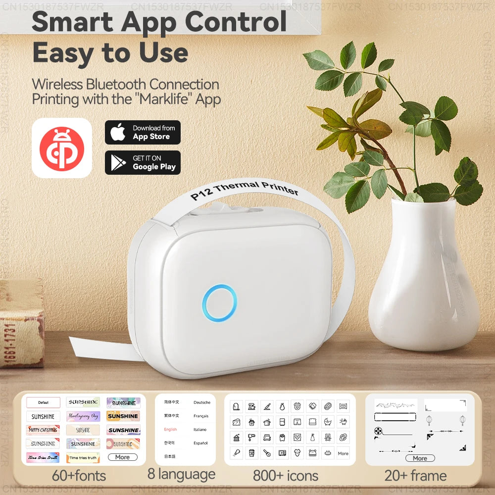 Adhesive Label Printer Marklife P12 Portable Mini Printer P12 Thermal Label Maker Wireless Bluetooth Labeling Machine or Sticker