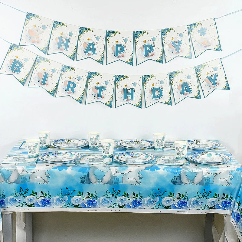 Cartoon Baby Elephant Disposable Tableware Set Paper Plate Cup Napkin Kids Boys Birthday Party Decoration Baby Shower Supplies