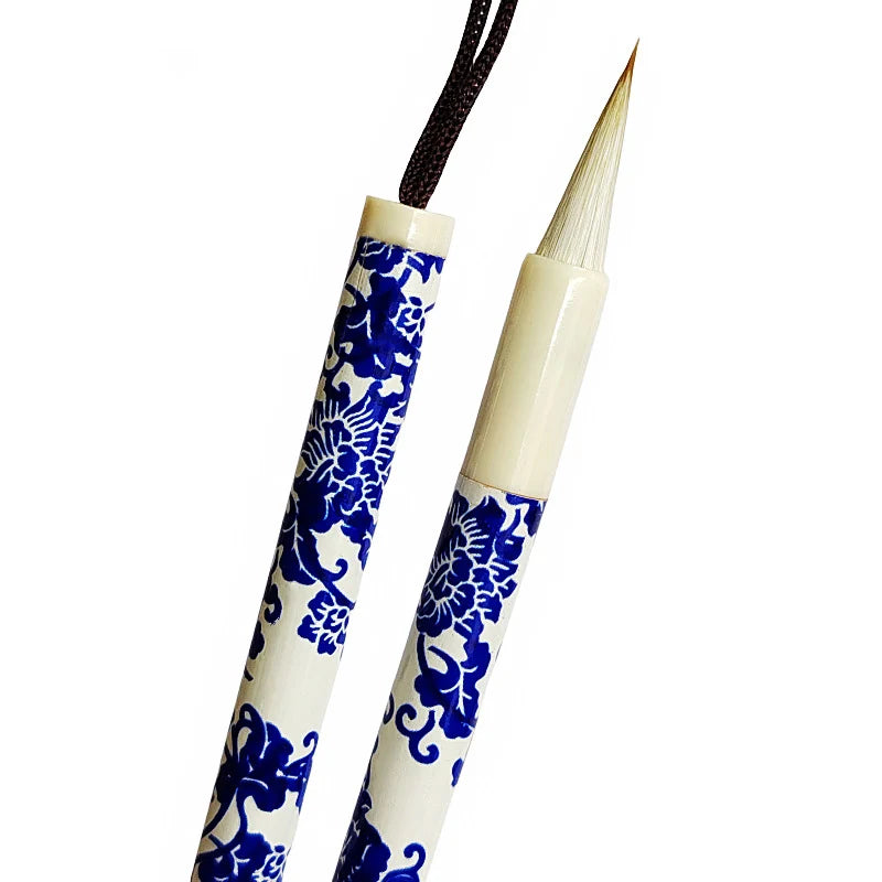 3PCS Chinese Style Calligraphic Brushes Blue and White Porcelain Pen Holder Weasel Wool Hair Writing Brush Xiaokai Kaishu Brush
