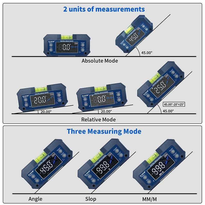 SHAHE Rechargable Digital Protractor Inclinometer Digital Angle Finder Level Box Angle Measuring Tools