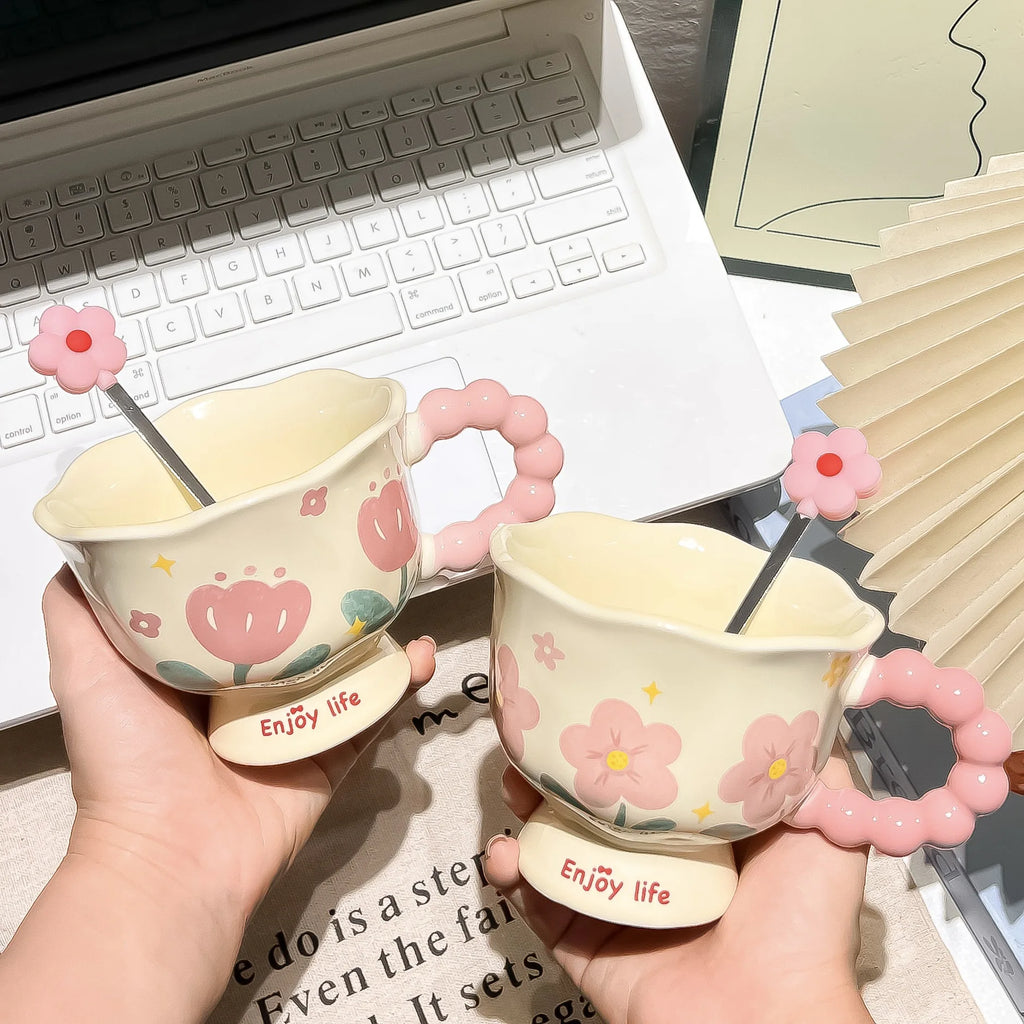 Girls Birthday Gift Souvenir Coffee Cup Mugs Coffee Cups Creative Flower Mug Household Ceramic Cup High Value Water Cup
