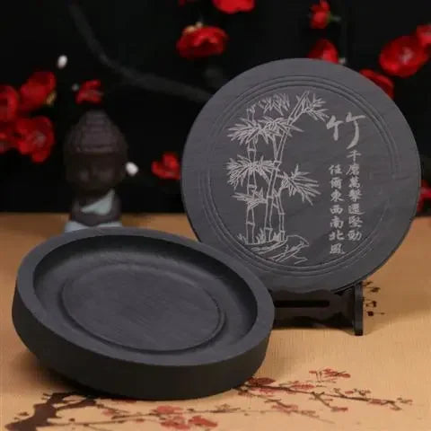 Natural Original Stone Inkstone Table with Cover End Ink Pond Plate Strip Grinding Student Beginners