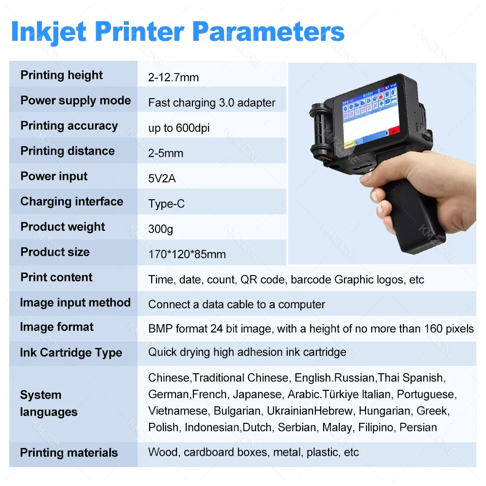 Mini Handheld Inkjet Printer 2-12.7mm for Text QR Barcode Batch Number Logo Date Label Printer with 0/1/2 Ink Cartridges