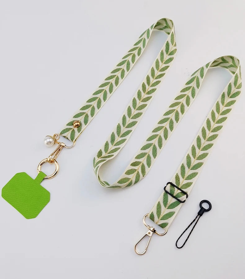 Adjustable Crossbody Long Mobile Phone Lanyard Wide Cloth Neckband Strap Rope Women's Pearl Hanging Ornaments Anti-Lost Lanyard