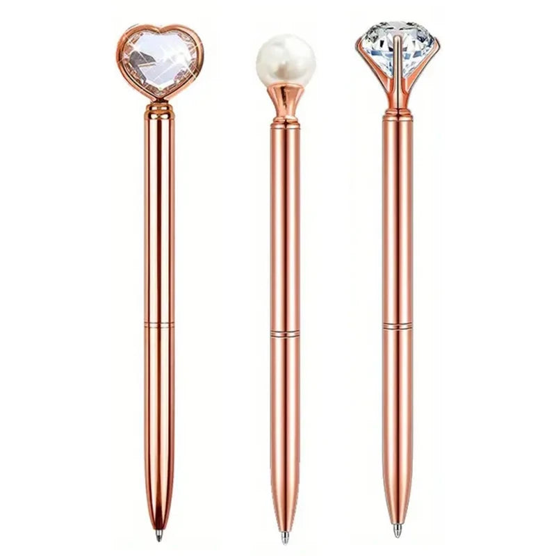3-9pcs Rose Golden Metal Ballpoint Pen Set, Pearl Quicksand Crown, Love Artificial Diamond,School&Office Supply Gifts,Weddings
