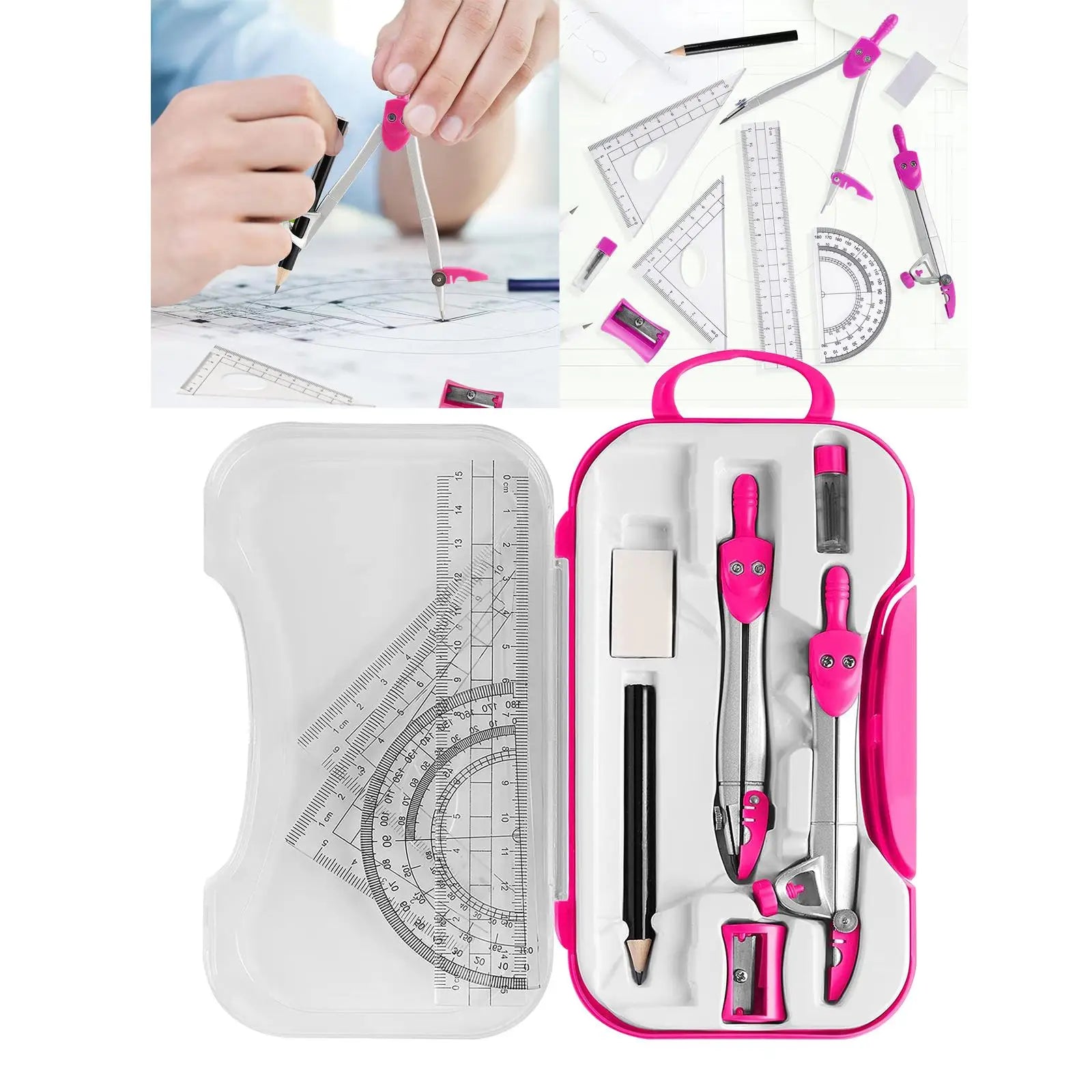 Math Geometry Kit Set Protractor Ruler Pencil with Case Eraser Drawing Supplies Teachers