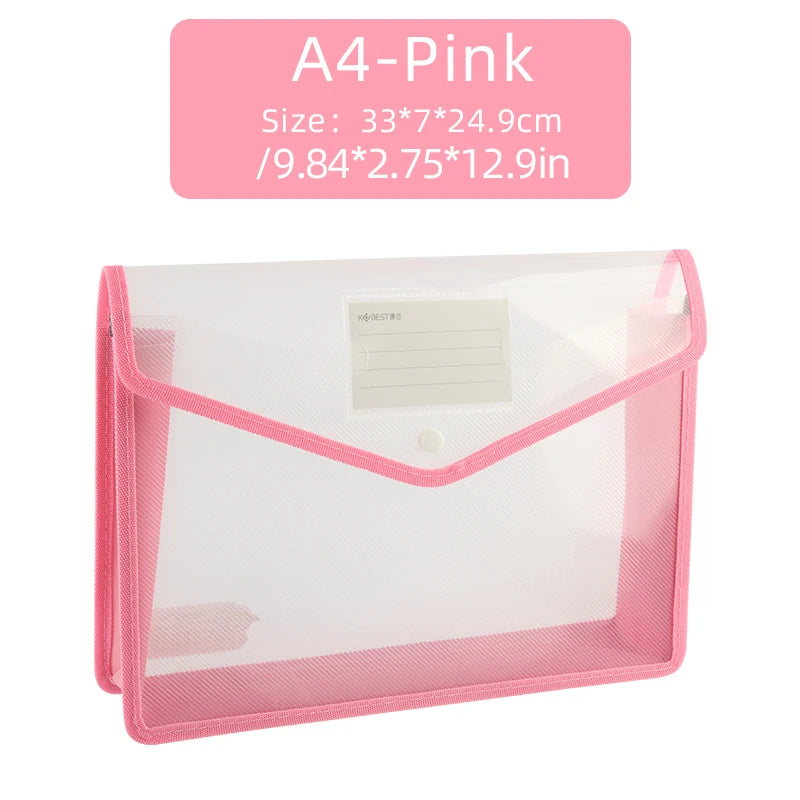 1Pcs Transparent A4 Waterproof File Folder with Press Button Plastic Document Bag for Data Storage Office Supplies