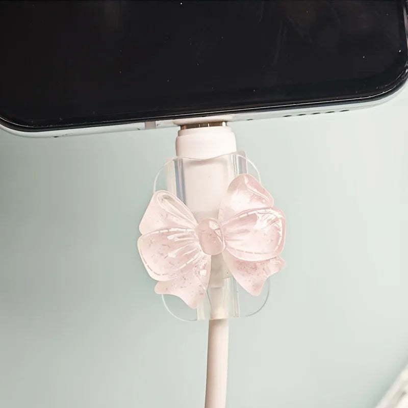 2Pcs Lovely Pink Bow Silicone Charger Cable Protector Sleeve Cable Holder Clip Anti-break Transparent Cord Cover Wrap